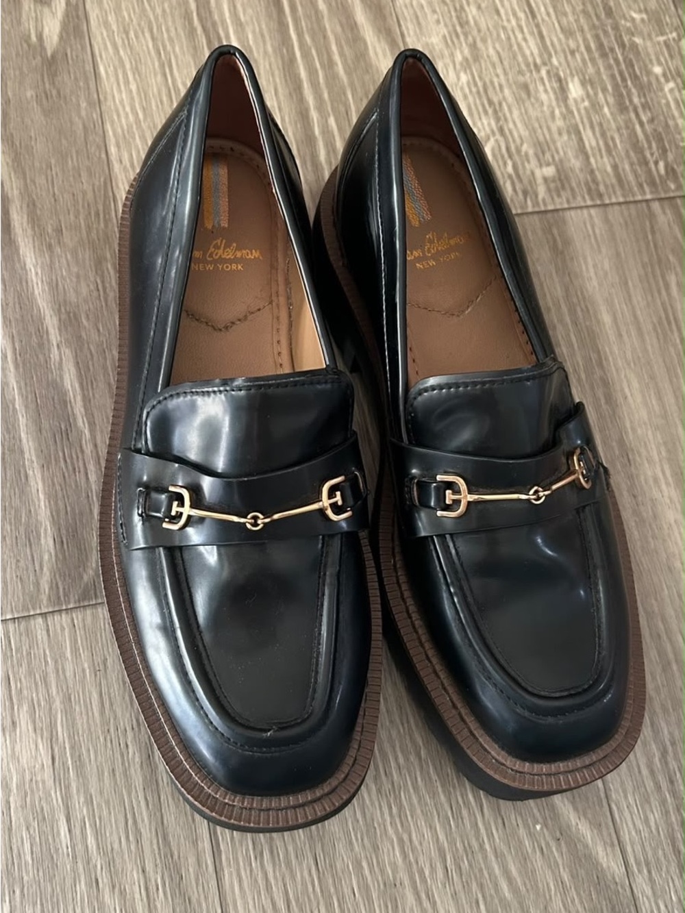 Sam Edelman Black Leather Loafers with Gold Bit